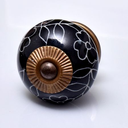 Black Leaf Floral Ceramic Knob