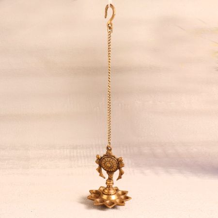 Vintage Hanging Brass Oil Lamp with Lord Vishnu Chakra