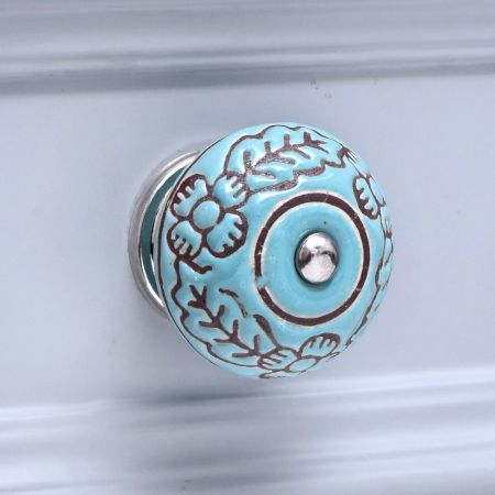 Sea Green Brown Leaf Flower Etched Ceramic Knob Online