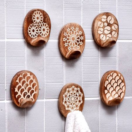 Wooden Brown Floral Sticky Hook for Wall- Pack of 6