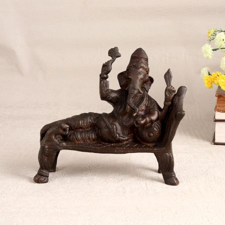 High-Quality Brass Statue of Lord Ganesha Resting on Throne
