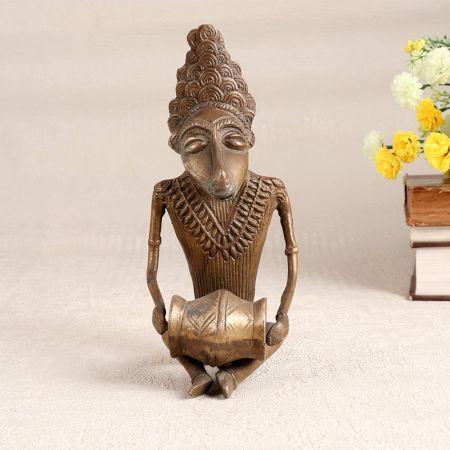 Finest Brass Statue of Male Figure Playing Drum in Himalayan Art
