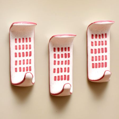 Pack of 3 Ceramic Red Check Adhesive Hooks for Painted Walls