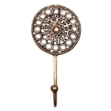 Golden Brass Wall Hook Round Floral In Engraved Tribal Style