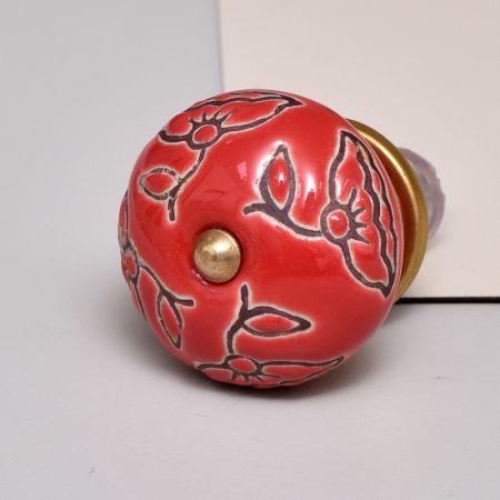 Red Calla Lily Brown Etched Ceramic Cabinet Knob 
