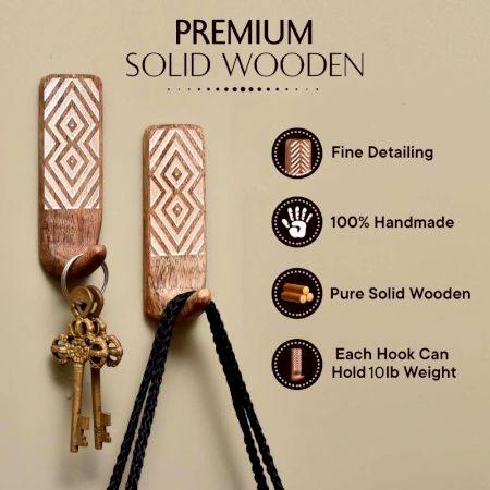 3 Pieces Brown Wooden No Drill Adheshive Wall Hooks