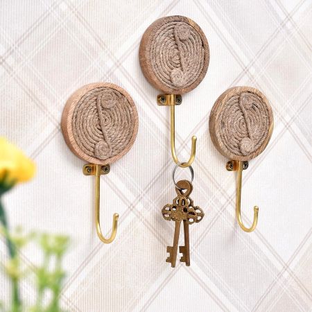 Round Brass Jute Wooden Wall Hook 3 Pieces
