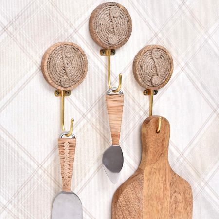 Round Brass Jute Wooden Wall Hook 3 Pieces