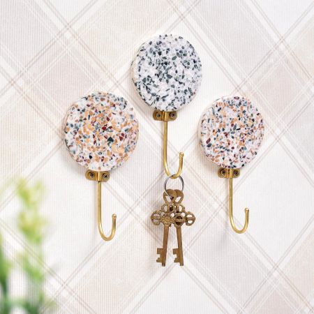 Resin And Brass Terrazzo Wall Hooks Pack of 3