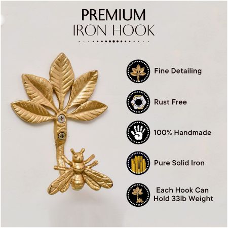 Golden Iron Bee Wall Hooks for Hanging