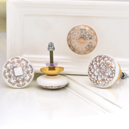 6 Pieces Golden Flower Flat Ceramic Drawer Knob