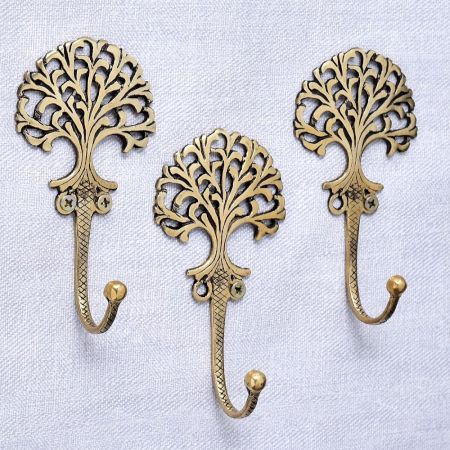3 Pieces Golden Brass Tree Key Wall Hooks