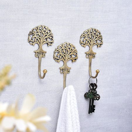3 Pieces Golden Brass Tree Key Wall Hooks