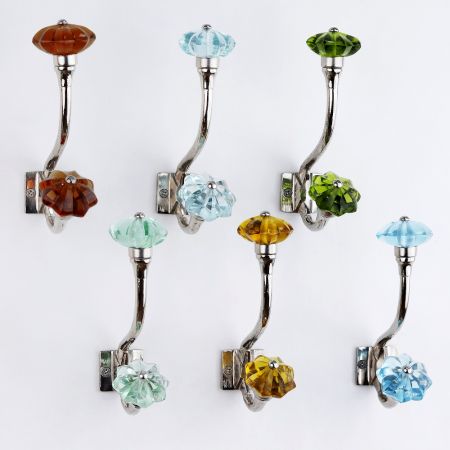Decorative Multicolor Glass Iron Wall Hooks 6 Pieces