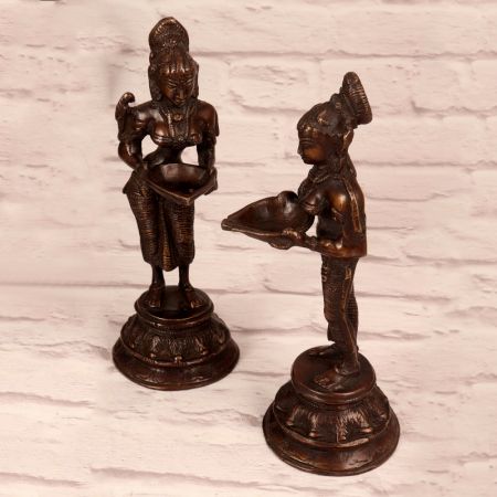Dark Finish Brass Pair of Deep Lakshmi Statue for Decor