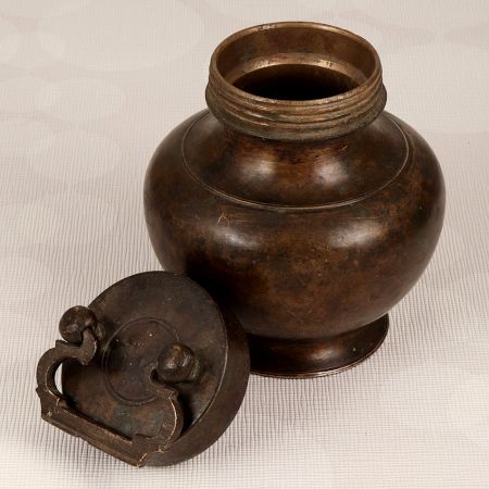 Indian Brass Holy Water Pot with Lid in Dark Brown Finish
