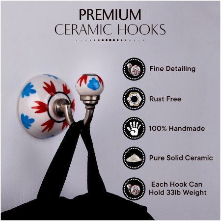 6 Pieces Decorative Multicolor Floral Ceramic Round Wall Hooks