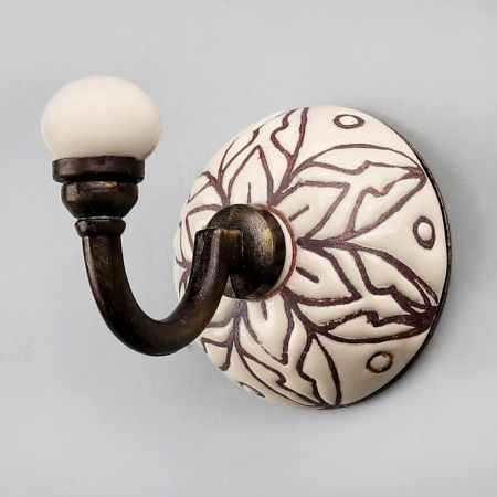 White With Brown Amarylis Etched Ceramic Wall Hook