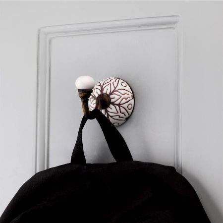 White With Brown Amarylis Etched Ceramic Wall Hook