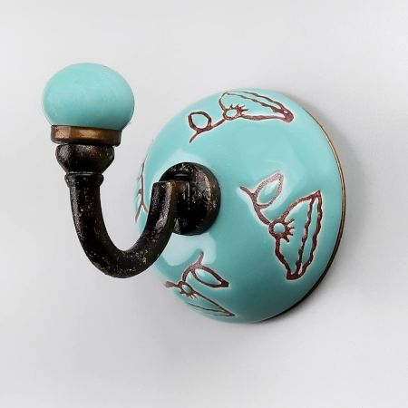 Sea Green Brown Calla Lily Etched Ceramic Wall Hook