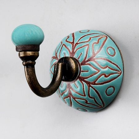 Sea Green Brown Amarylis Etched Ceramic Wall Hook