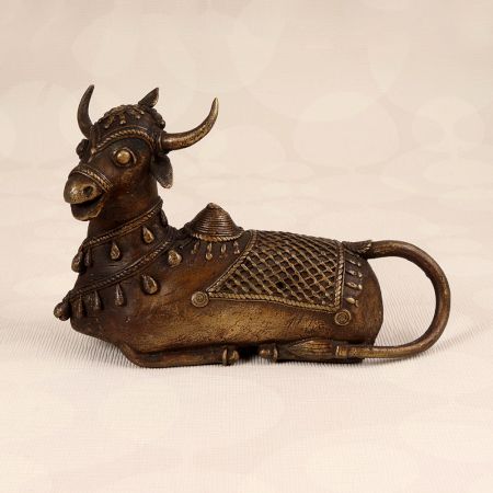 Handmade Sitting Nandi Brass Statue in Dark Finish for Decor