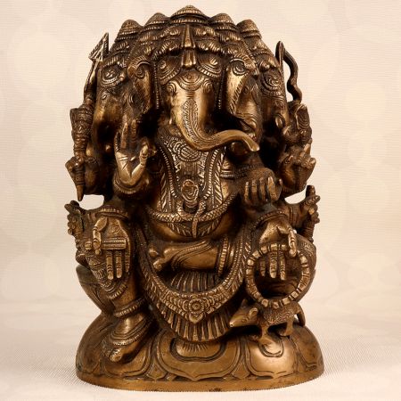 Handcrafted Brass Five Head Lord Ganesha Statue for Prayer Room