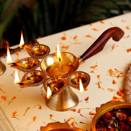 Golden Brass 6 Wick Oil Lamp with Wooden Handle