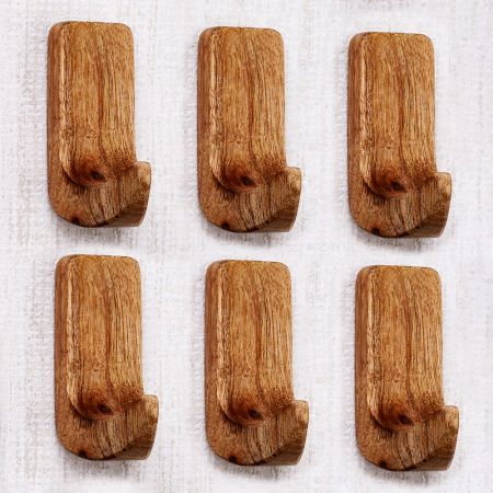 6 Pieces Small Natural Wooden No Drill Adheshive Wall Hooks