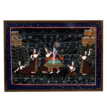 Hanging Lord Krishna with Gopies Cloth Painting for Prayer Room