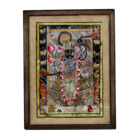 Vintage Paper Painting of Lord Krishna with Cow in Frame