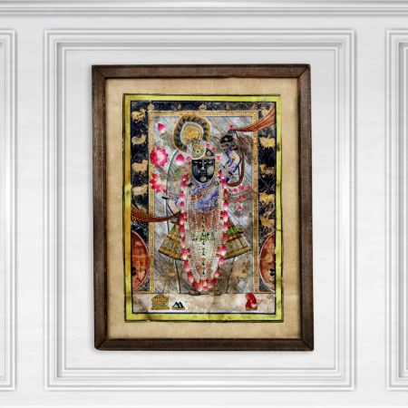 Vintage Paper Painting of Lord Krishna with Cow in Frame