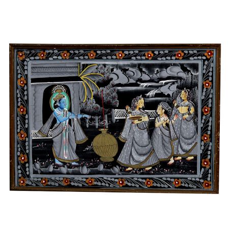 Vintage Lord Krishna with Gopies Cloth Painting for Decor