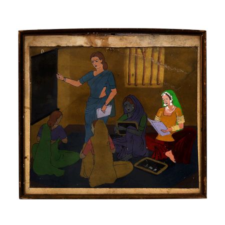 Vintage Paper Painting of Teacher Educating Women in Wooden Frame