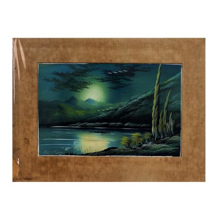 Vintage Water Colour Paper Painting of Sunset on Hills