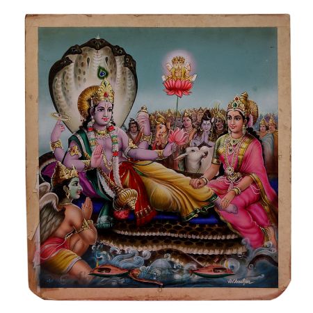 Vintage Lord Vishnu and Goddess Laxmi Painting for Decor