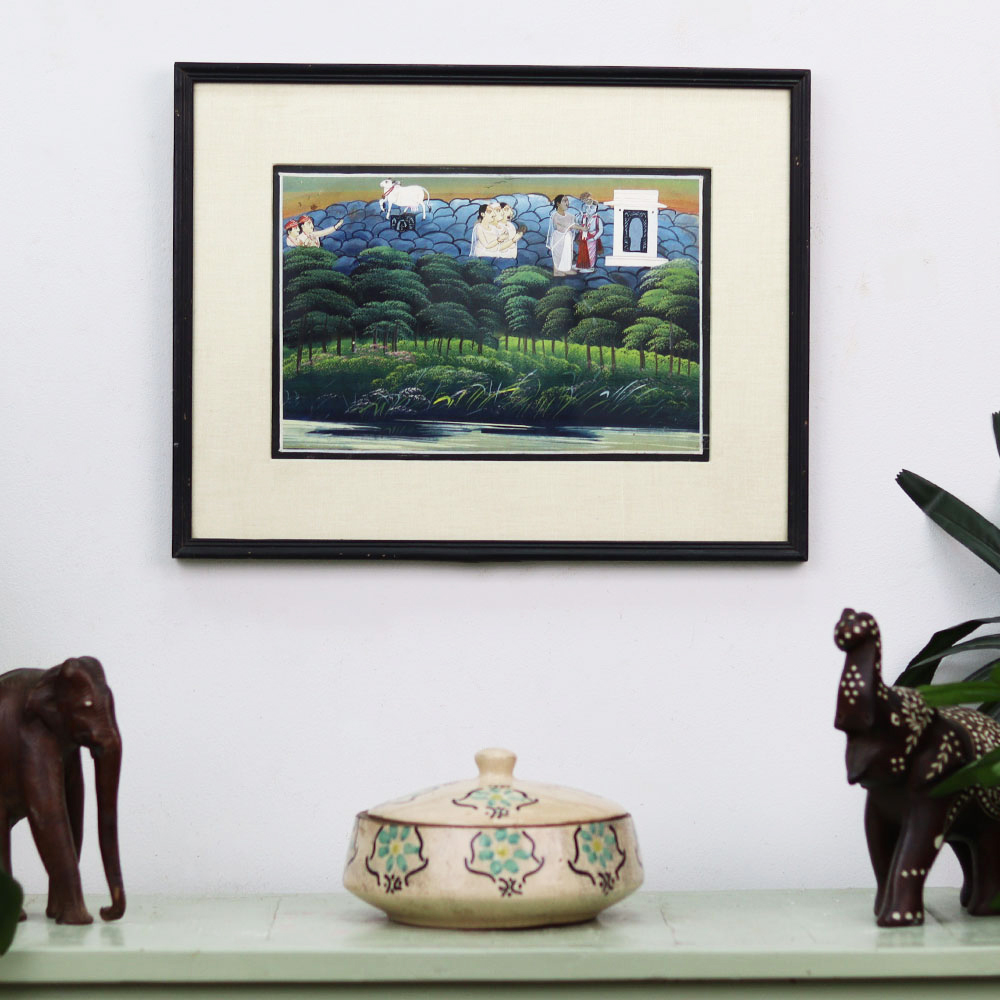 Vintage Lord Krishna Paper Painting from Rajasthan for Decor