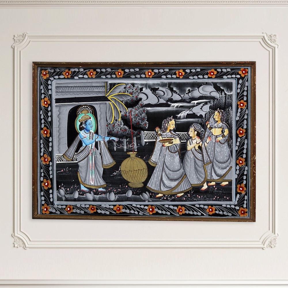 Vintage Lord Krishna with Gopies Cloth Painting for Decor