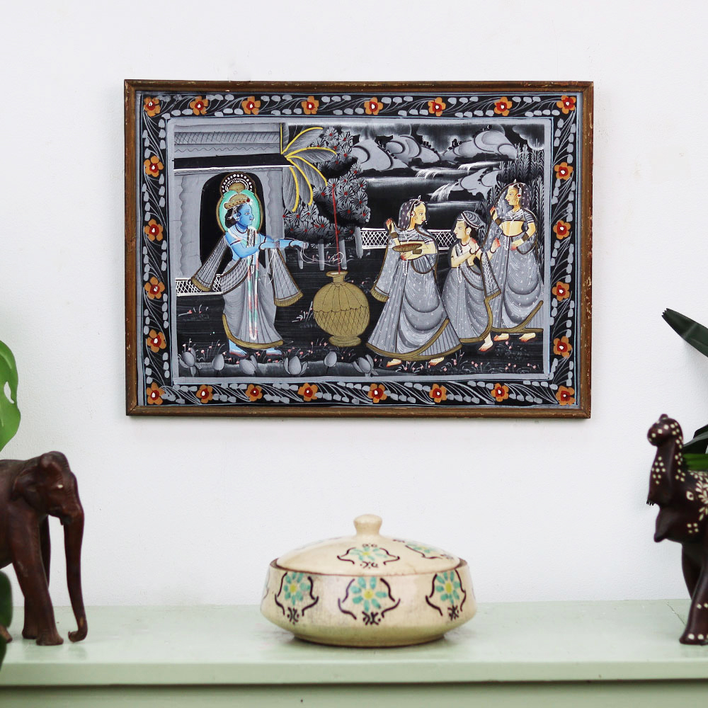 Vintage Lord Krishna with Gopies Cloth Painting for Decor