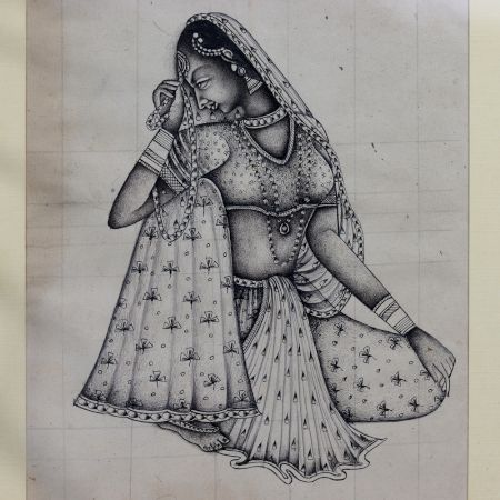 Vintage Traditional Art Paper Painting of a Sitting Lady