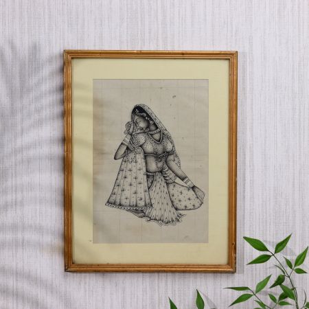 Vintage Traditional Art Paper Painting of a Sitting Lady
