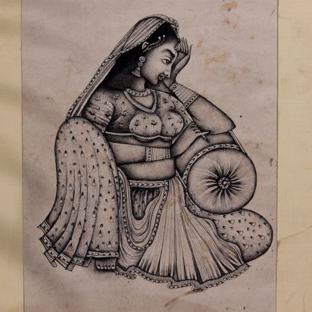Traditional Indian Lady Sitting Paper Painting for Hanging