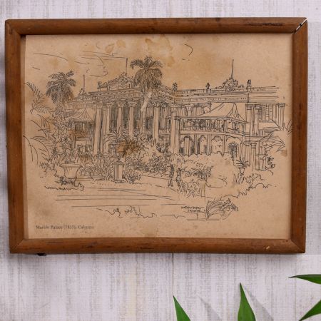 Vintage Wood Cut Litho Print in Frame for Hanging