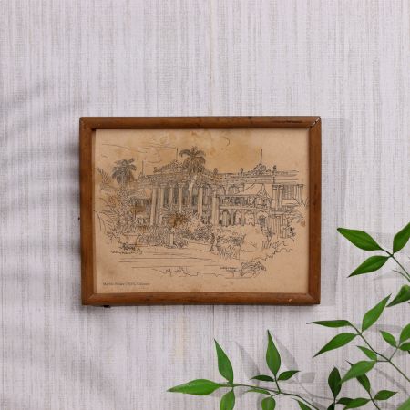 Vintage Wood Cut Litho Print in Frame for Hanging