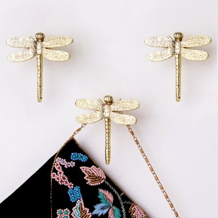 Modern Golden Dragonfly Premium Metal Wall Hook in Set of 3