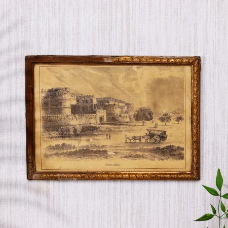 Vintage Charcoal Painting on Paper of Agra Fort for Hanging