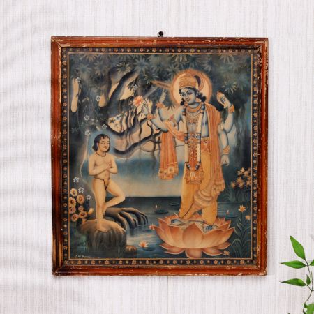 Vintage Paper Print of Lord Vishnu in Wooden Frame