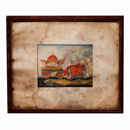 Hand Painted Vintage Paper Painting of Ox Cart in Wooden Frame