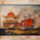 Hand Painted Vintage Paper Painting of Ox Cart in Wooden Frame