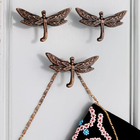 Handmade Modern Antique Dragonfly Iron Wall Hooks Pack of 3 Pieces